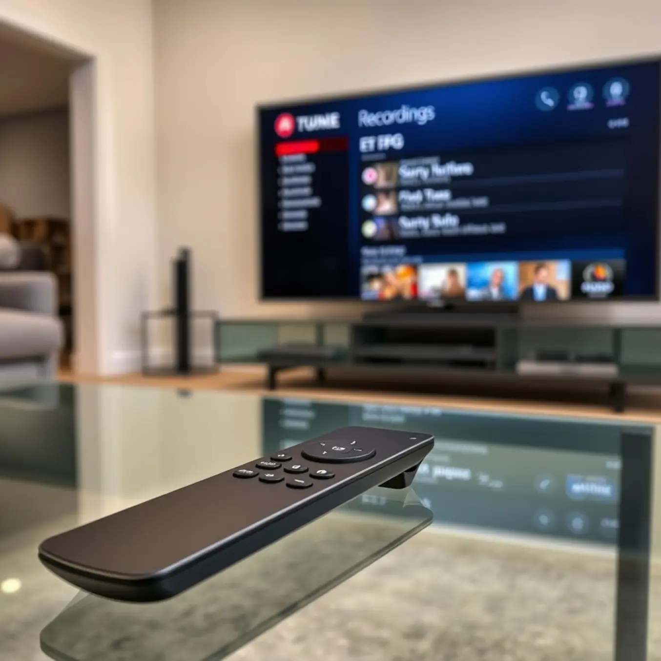 A sleek remote on a glass table, with a TV in the background displaying an electronic program guide for scheduled recordings.