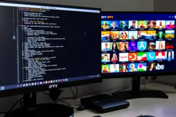 alt_text: A modern desktop setup with a Linux terminal installing IPTV and a vibrant channel guide on a second monitor.