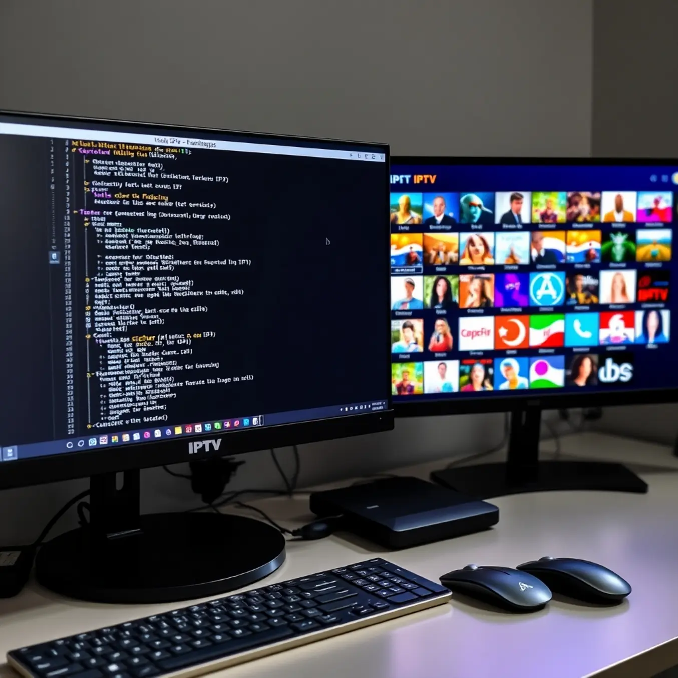 alt_text: A modern desktop setup with a Linux terminal installing IPTV and a vibrant channel guide on a second monitor.