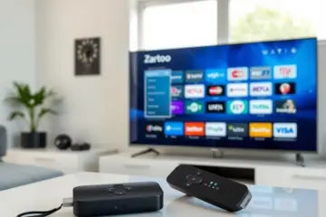 alt_text: A modern living room with a Roku device. The TV screen shows German IPTV apps like Zattoo and Waipu.tv in soft, natural light.
