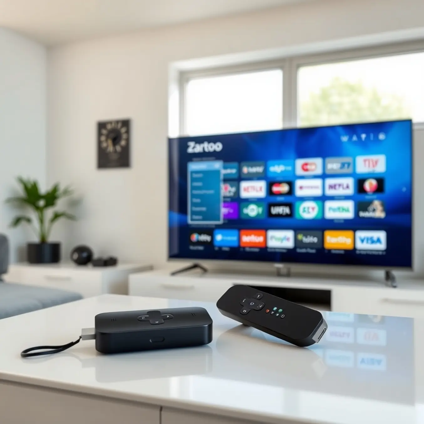 alt_text: A modern living room with a Roku device. The TV screen shows German IPTV apps like Zattoo and Waipu.tv in soft, natural light.