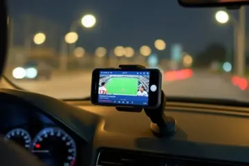 alt_text: A parked car's dashboard at night. A smartphone mounted in a vent holder displays a live sports game on an IPTV app, with city lights blurred outside.