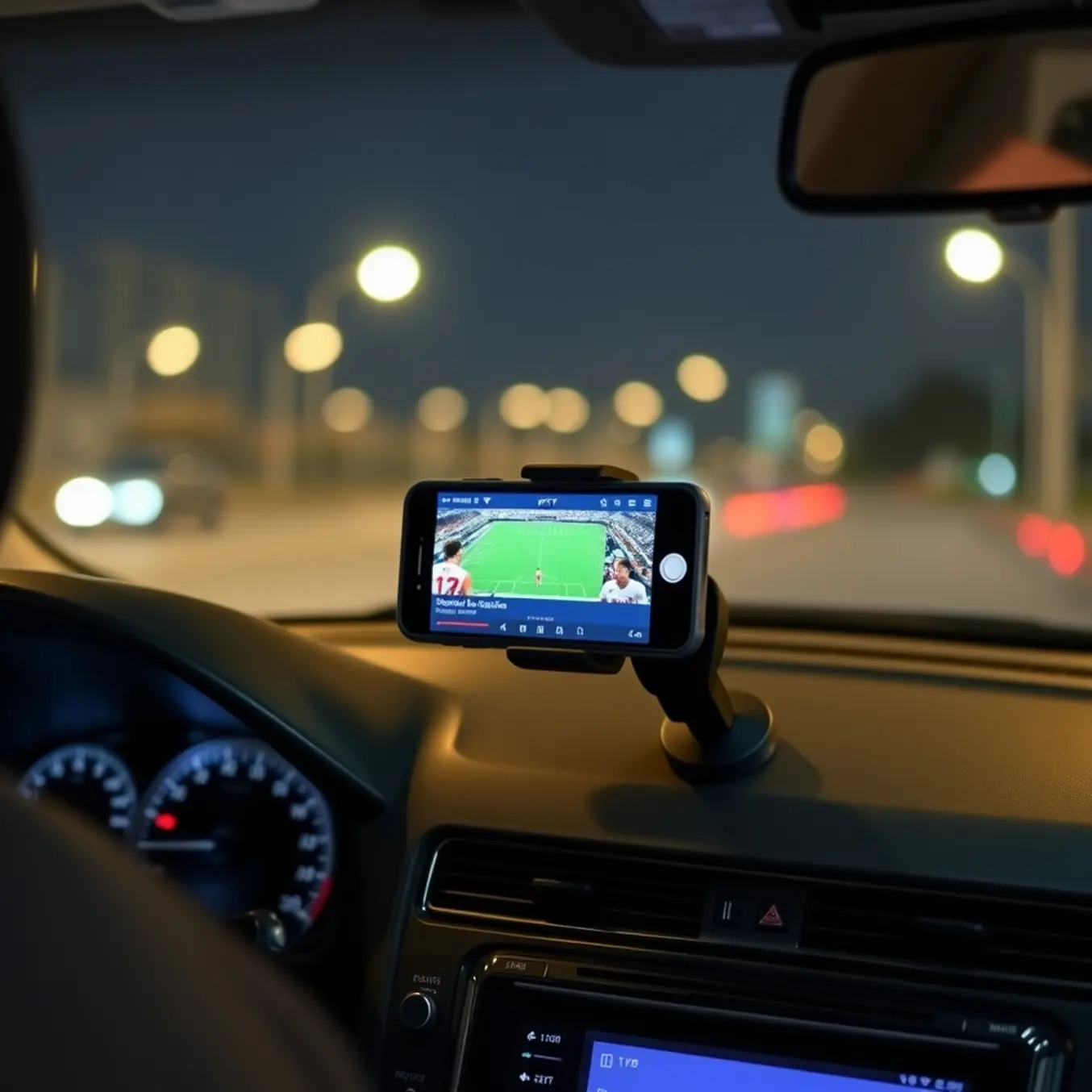 alt_text: A parked car's dashboard at night. A smartphone mounted in a vent holder displays a live sports game on an IPTV app, with city lights blurred outside.