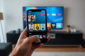 A hand holding an iPhone, its IPTV guide mirrored on the TV screen via AirPlay in a modern living room.