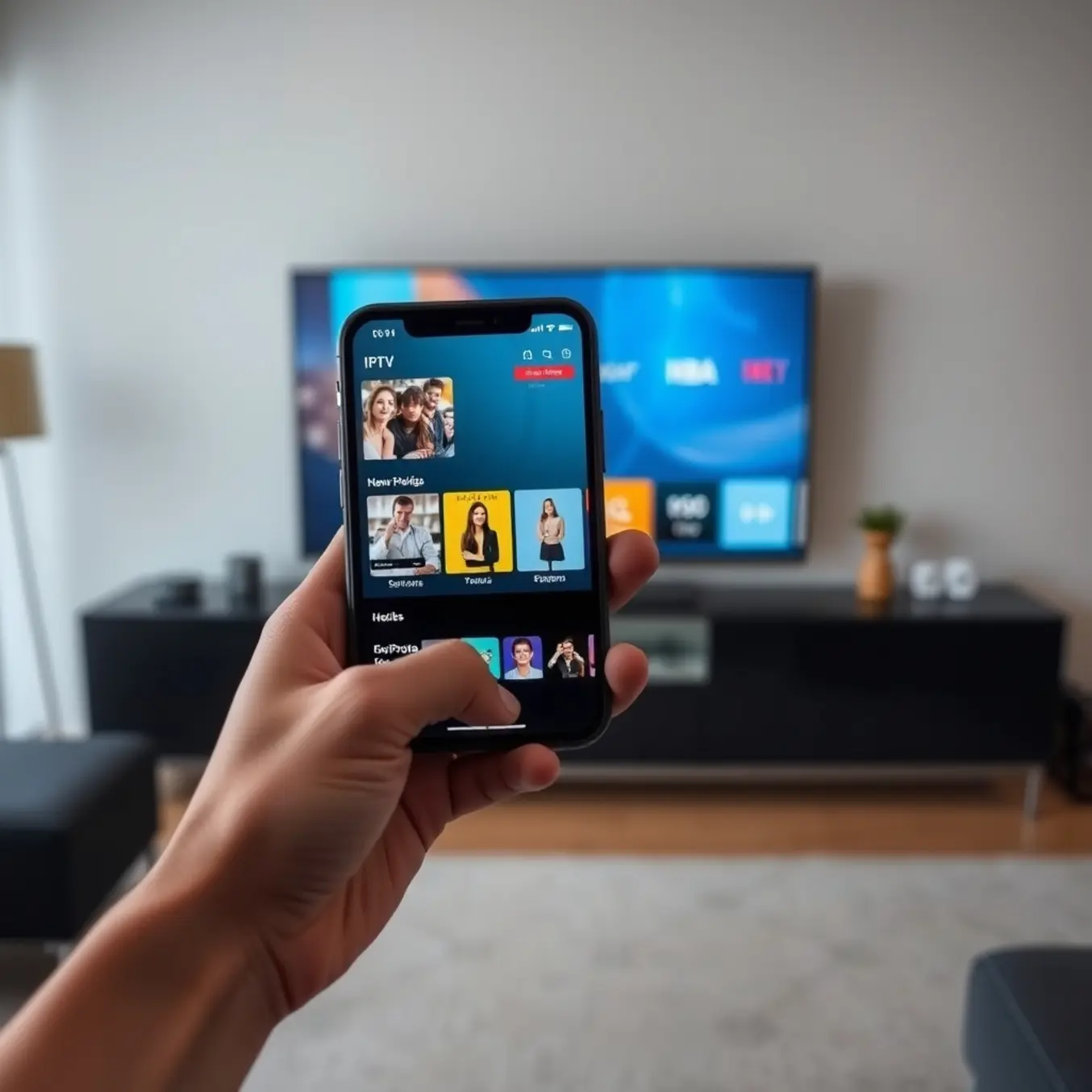 A hand holding an iPhone, its IPTV guide mirrored on the TV screen via AirPlay in a modern living room.