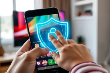 A parent uses a glowing blue shield to block their child from accessing content on a smartphone.