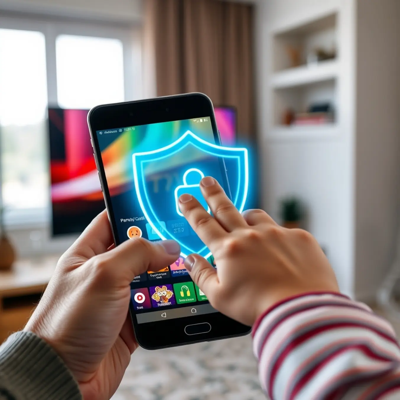 A parent uses a glowing blue shield to block their child from accessing content on a smartphone.