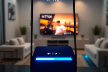 alt_text: A close-up of a smartphone running a sleek, blue-glowing IPTV app, with a modern living room and TV in the background.