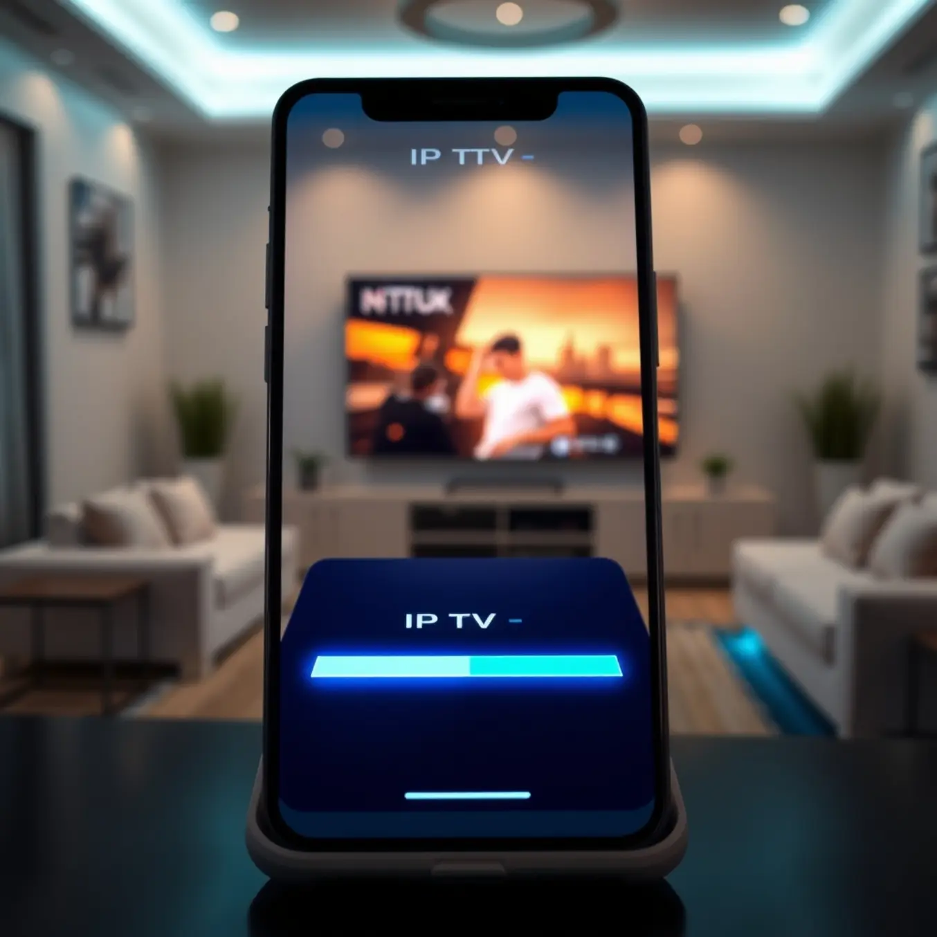 alt_text: A close-up of a smartphone running a sleek, blue-glowing IPTV app, with a modern living room and TV in the background.