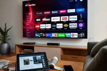 alt_text: Modernes deutsches Wohnzimmer: Streaming auf TV, Tablet & Smartphone. Traditionelle TV-Zeitschriften wirken daneben antiquiert.