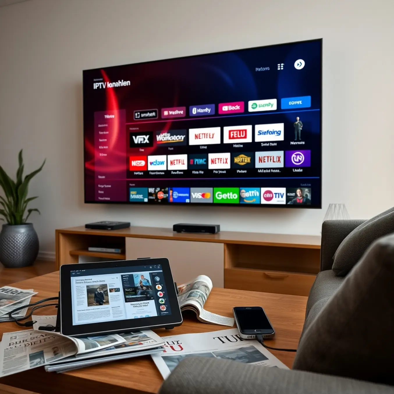 alt_text: Modernes deutsches Wohnzimmer: Streaming auf TV, Tablet & Smartphone. Traditionelle TV-Zeitschriften wirken daneben antiquiert.