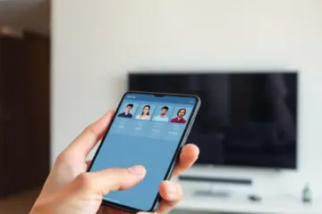 A modern smartphone displaying a multi-profile IPTV app, set in a contemporary living room with a smart TV.