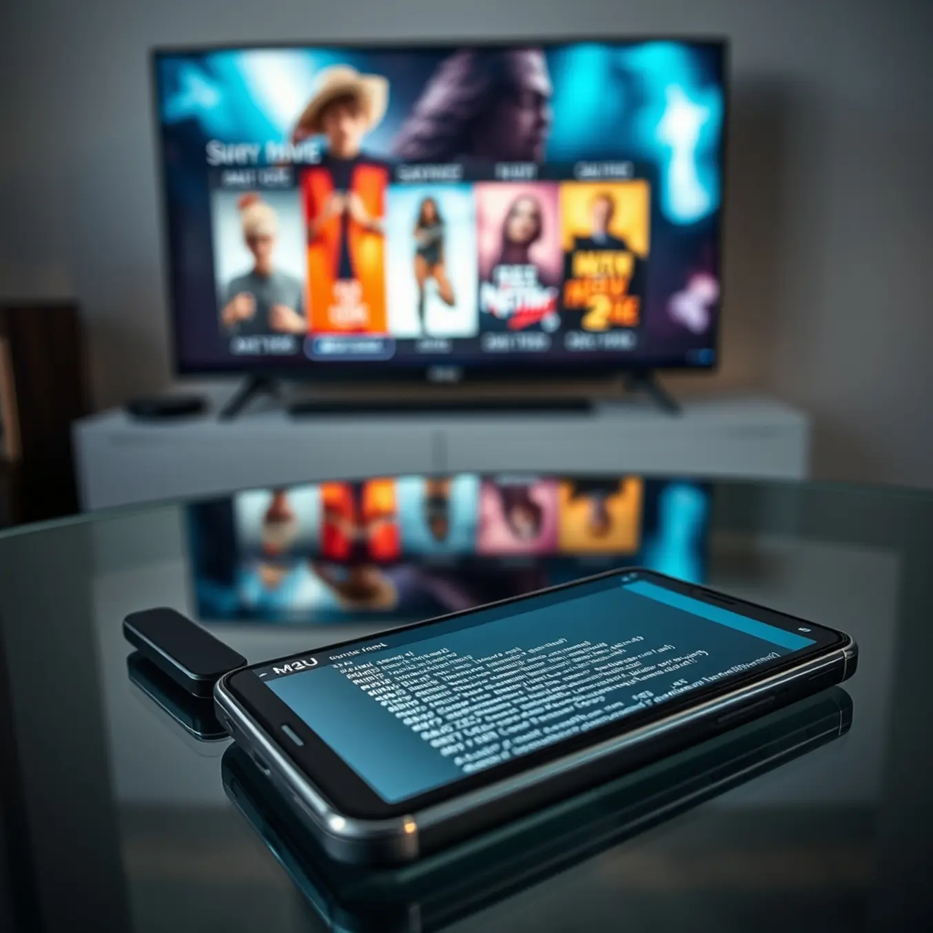 Smart TV and phone with code, highlighting an M3U URL for digital content streaming.