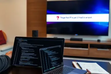 alt_text: A person troubleshoots an IPTV playlist error on a large TV, with a laptop and network diagrams on the coffee table.