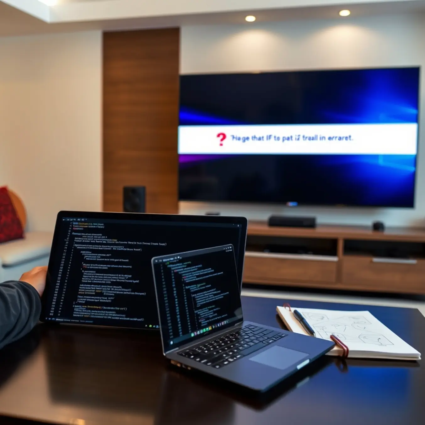 alt_text: A person troubleshoots an IPTV playlist error on a large TV, with a laptop and network diagrams on the coffee table.