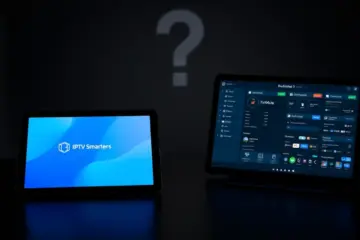 A split-screen comparison of the IPTV Smarters and TiviMate app interfaces on streaming devices.