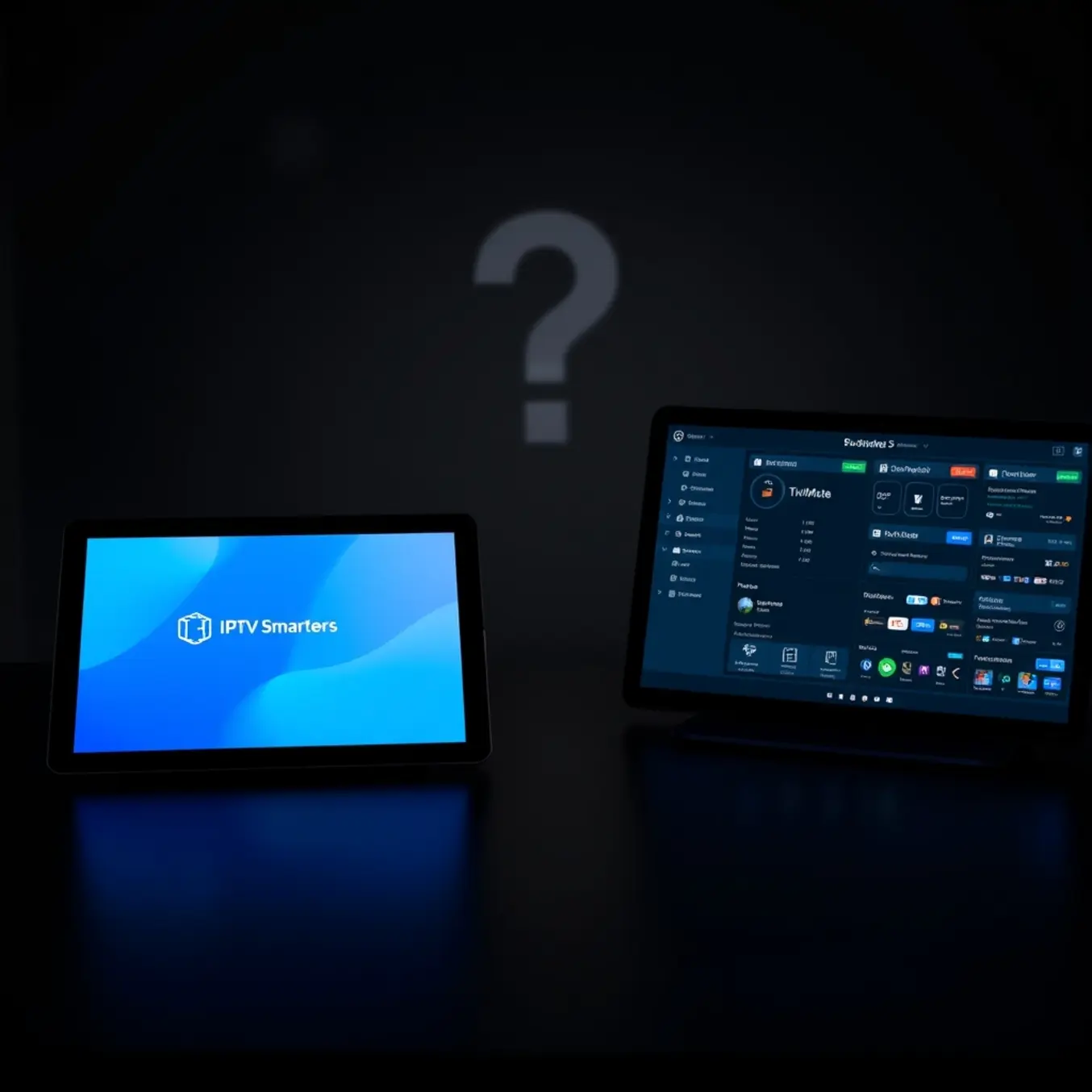 A split-screen comparison of the IPTV Smarters and TiviMate app interfaces on streaming devices.