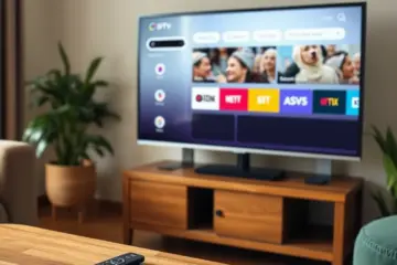 A modern IPTV app on an older LED TV, with a remote on a wooden table in a cozy living room.