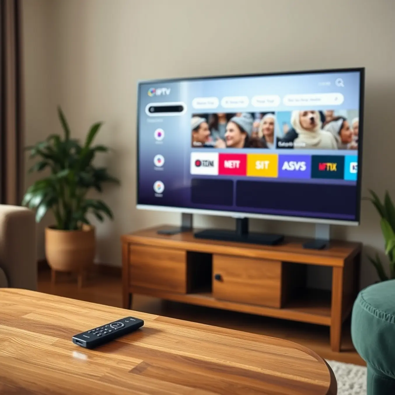 A modern IPTV app on an older LED TV, with a remote on a wooden table in a cozy living room.