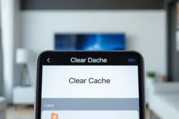 A smartphone clearing an IPTV app's cache, with a brief deletion animation, in a modern living room.