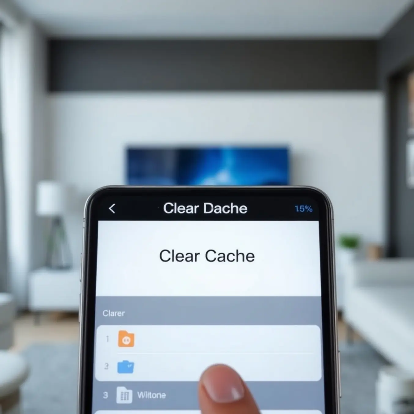 A smartphone clearing an IPTV app's cache, with a brief deletion animation, in a modern living room.
