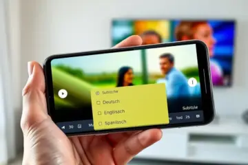 A person using a smartphone to watch German TV with multilingual subtitle options in a modern living room.