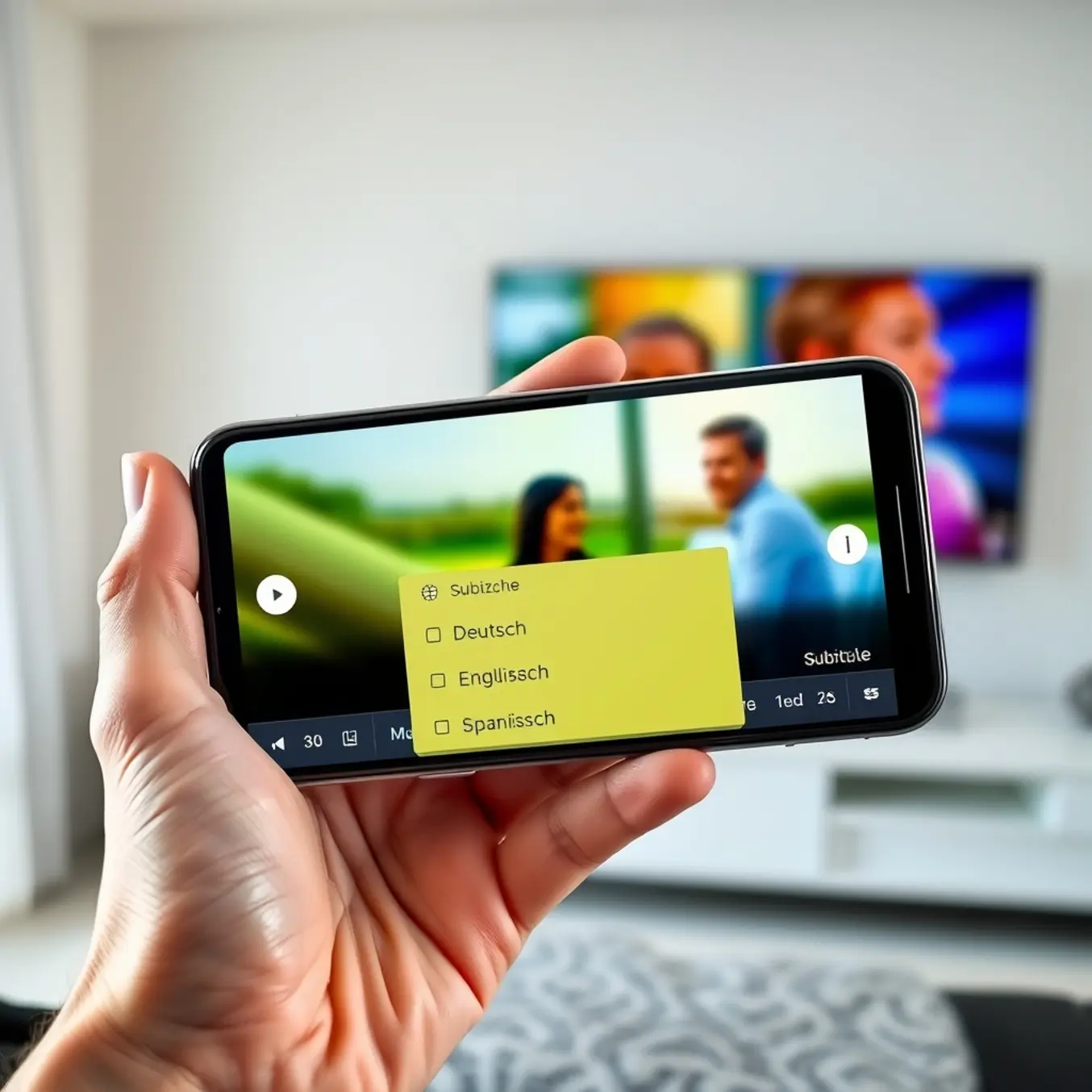 A person using a smartphone to watch German TV with multilingual subtitle options in a modern living room.