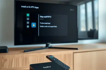 A sleek Android TV box displays an IPTV app installation process on a modern living room entertainment center.