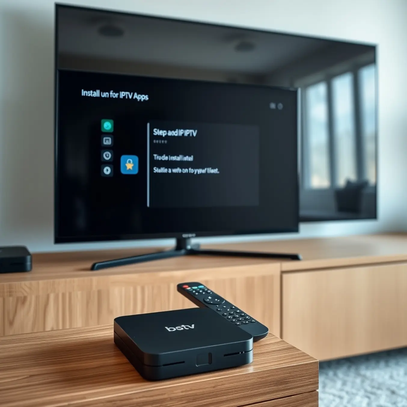 A sleek Android TV box displays an IPTV app installation process on a modern living room entertainment center.