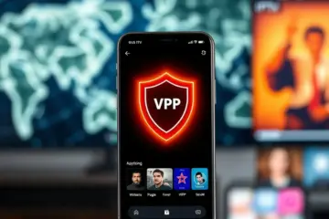 A smartphone showing a vibrant IPTV app interface with a VPN shield icon for secure global streaming.