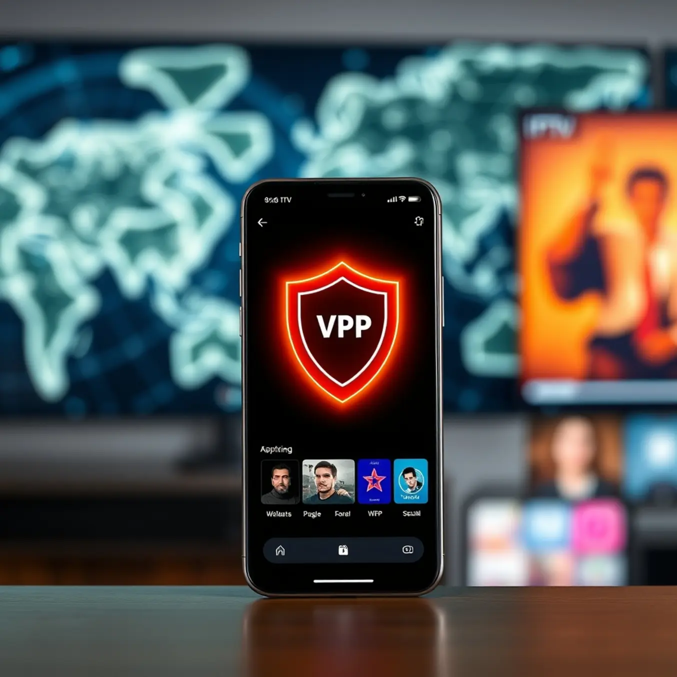 A smartphone showing a vibrant IPTV app interface with a VPN shield icon for secure global streaming.