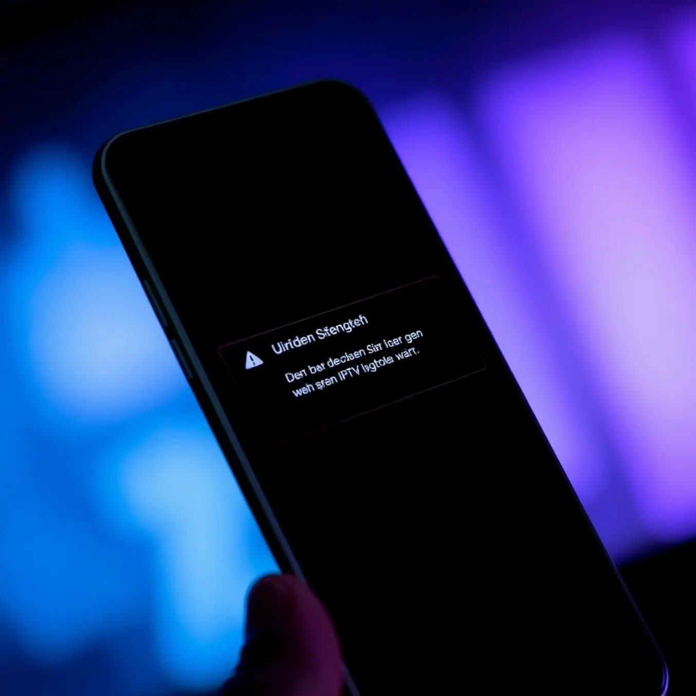 Smartphone showing a German IPTV app error message on a dark, blurred background.