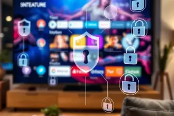 A smart TV's streaming interface at night, overlaid with subtle digital security icons for protection.
