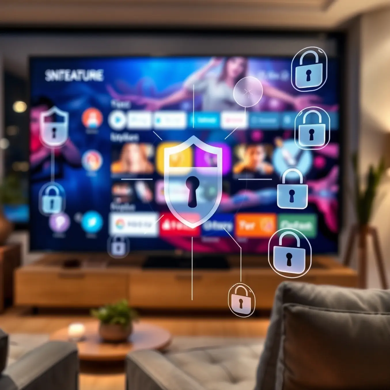 A smart TV's streaming interface at night, overlaid with subtle digital security icons for protection.