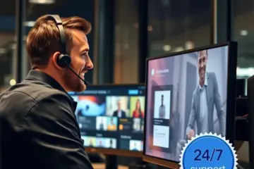 Friendly German IPTV support agent smiling while assisting a customer on a modern, high-tech night shift.