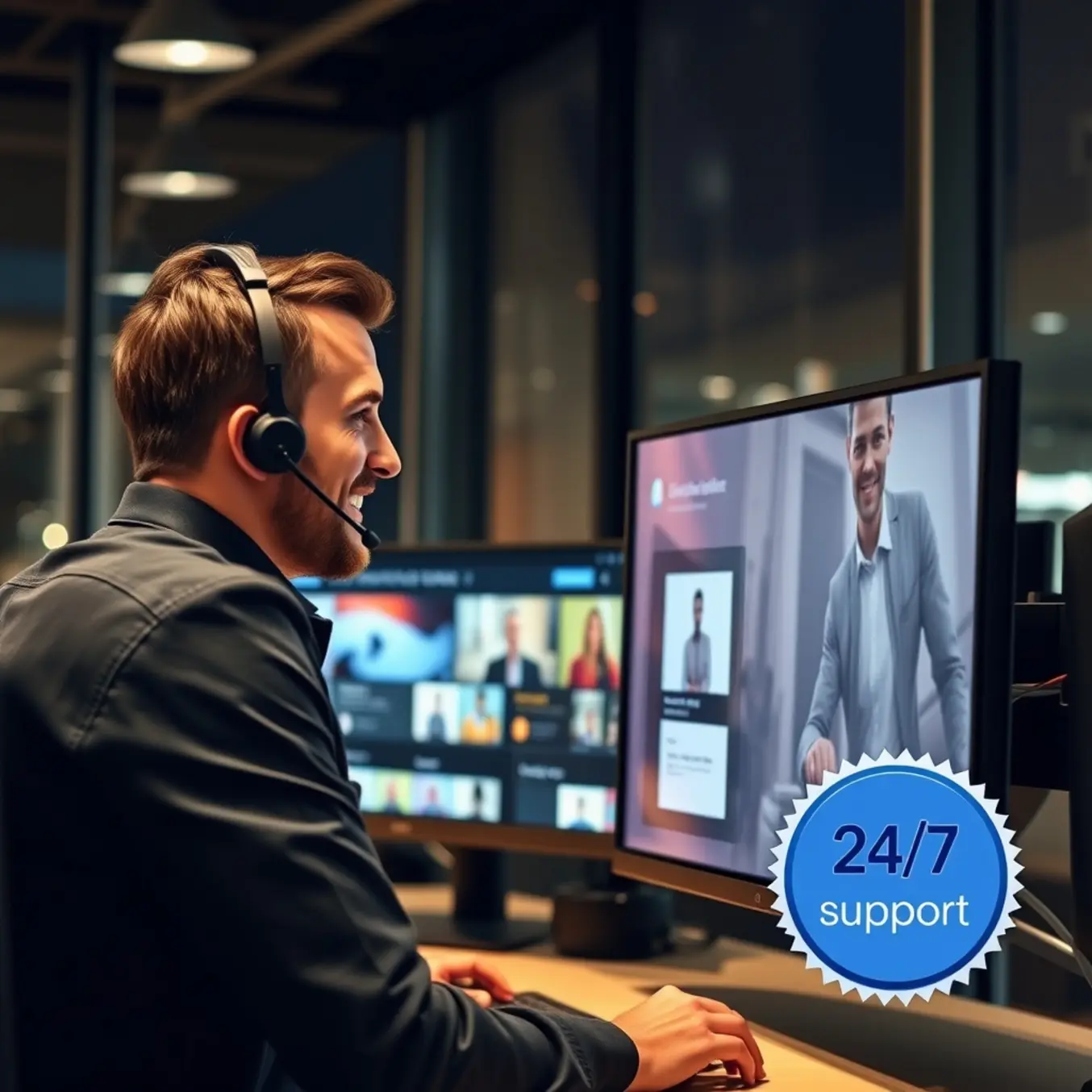 Friendly German IPTV support agent smiling while assisting a customer on a modern, high-tech night shift.