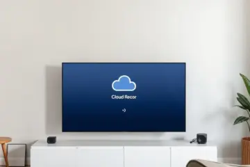 A minimalist living room with a smart TV displaying a clean IPTV interface, highlighting a "Cloud Recording" feature.