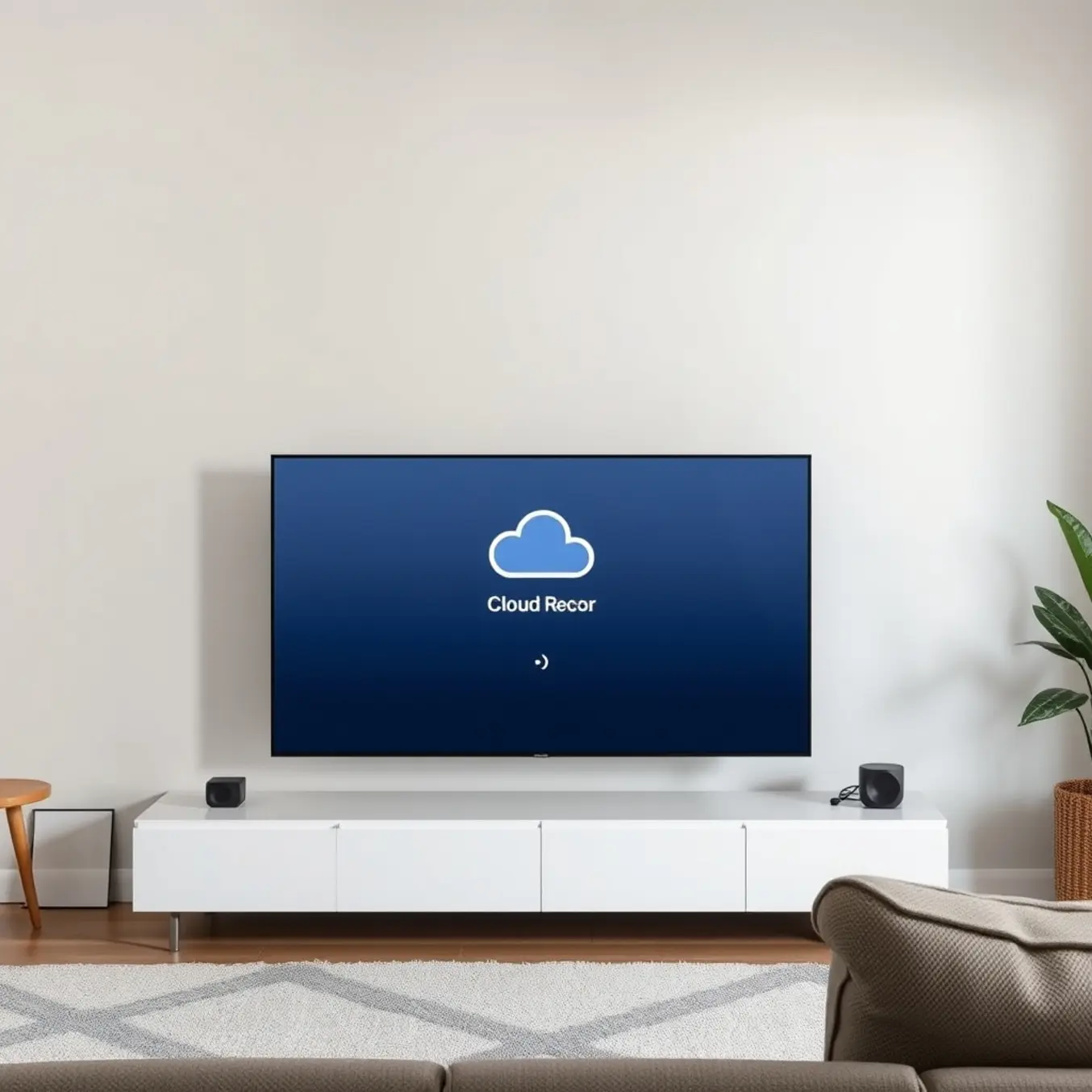 A minimalist living room with a smart TV displaying a clean IPTV interface, highlighting a "Cloud Recording" feature.