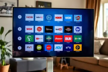 alt_text: A cozy German living room with a TV displaying a grid of regional channels like NDR, WDR, and BR.