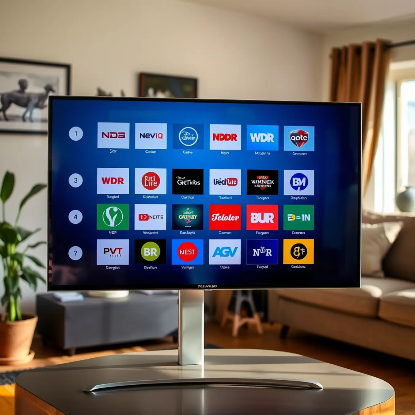 alt_text: A cozy German living room with a TV displaying a grid of regional channels like NDR, WDR, and BR.