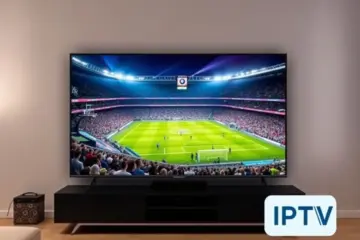 A vibrant sports broadcast on a modern TV in a contemporary living room with soft lighting.
