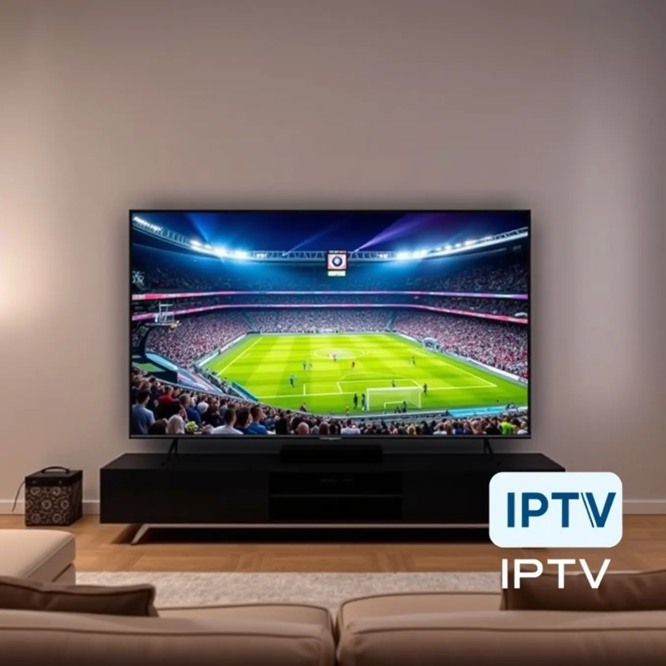 A vibrant sports broadcast on a modern TV in a contemporary living room with soft lighting.