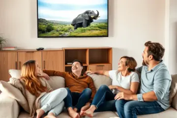 alt_text: A happy family of four relaxes on a sofa, watching a nature documentary on a large TV in their cozy living room.