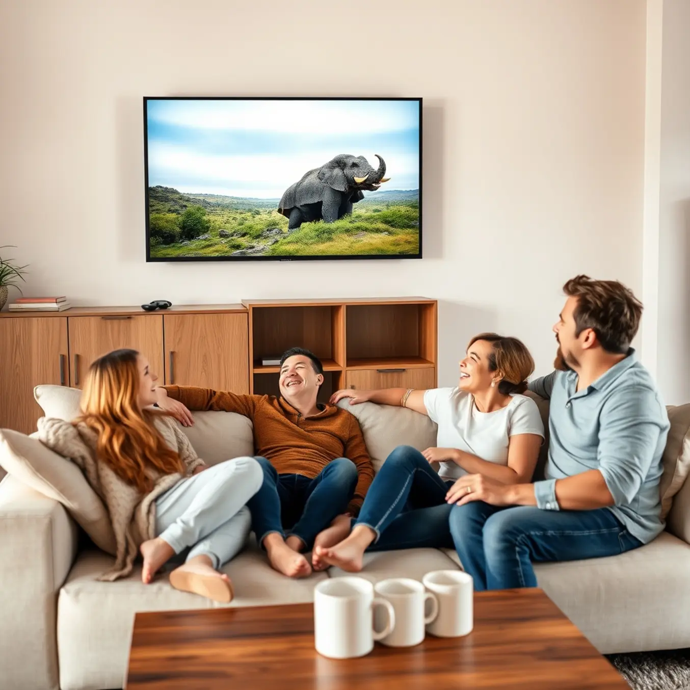 alt_text: A happy family of four relaxes on a sofa, watching a nature documentary on a large TV in their cozy living room.