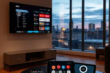alt_text: A cozy German living room at dusk. A large TV, phone, and tablet display an international IPTV guide, with a cityscape outside.
