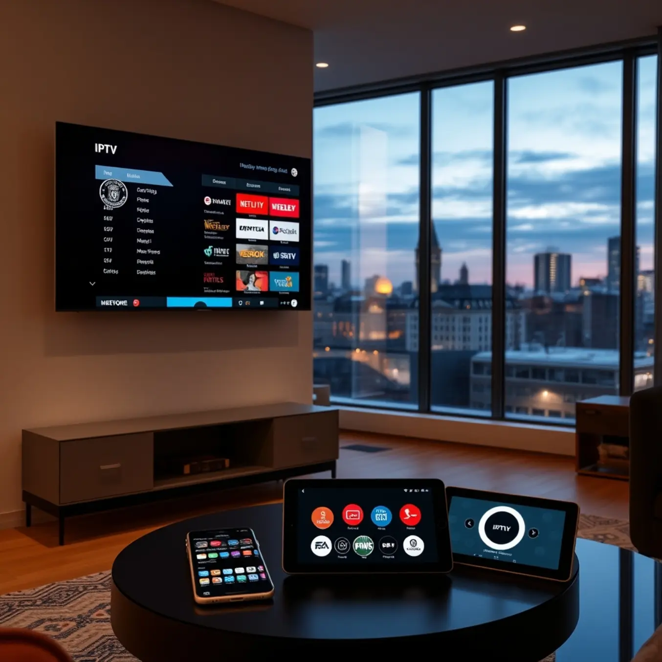 alt_text: A cozy German living room at dusk. A large TV, phone, and tablet display an international IPTV guide, with a cityscape outside.