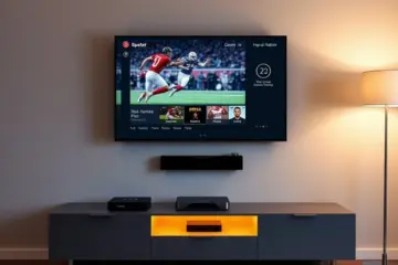 A sleek living room with a flatscreen TV showing a vivid sports broadcast on the IPTV Smarters Pro app.