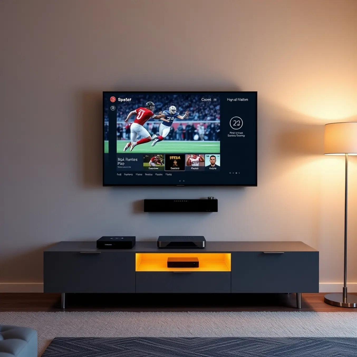 A sleek living room with a flatscreen TV showing a vivid sports broadcast on the IPTV Smarters Pro app.
