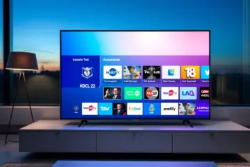 A modern living room at dusk with a large TV displaying a colorful channel menu and a "Kostenloser Test" banner.