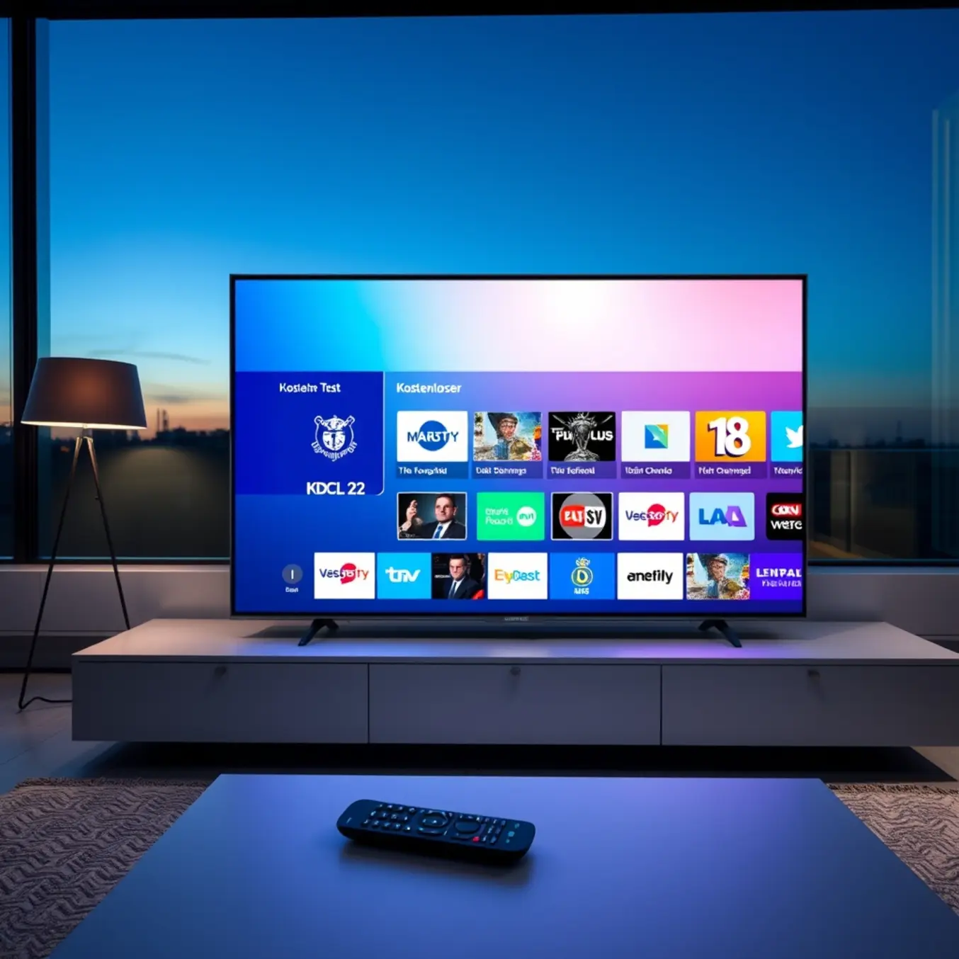 A modern living room at dusk with a large TV displaying a colorful channel menu and a "Kostenloser Test" banner.